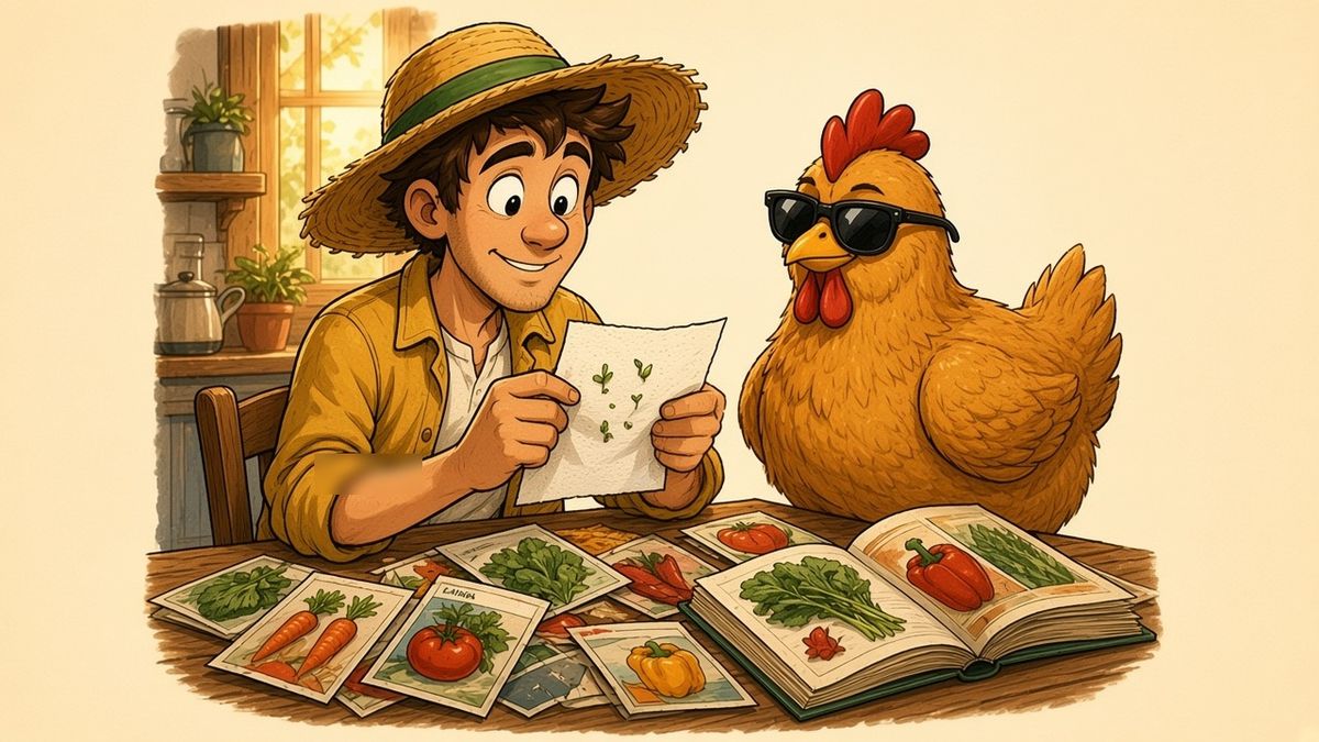 A hen standing on an open seed catalogue atop a pile of seed packets, beside a mug of coffee and a long checklist