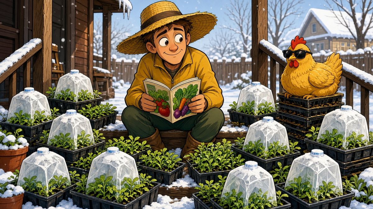 Four taped milk jugs with seedlings growing inside, lined up on a snowy wooden deck while a hen looks on